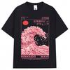 Japanese Style Hokkaido Wave Sakura Graphic Tshirts Men Women Fashion Aesthetic Tshirt Oversized Cotton Casual Tees Streetwear