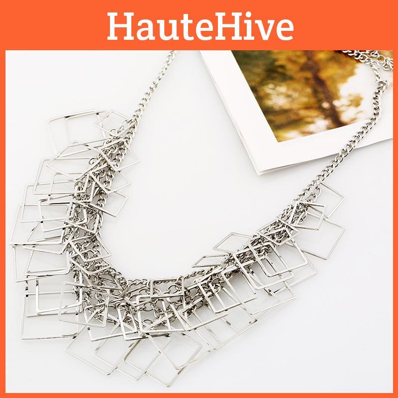 Square Layer Multi Geometric Necklace Metal Chain Pendant For Vintage Gift Style