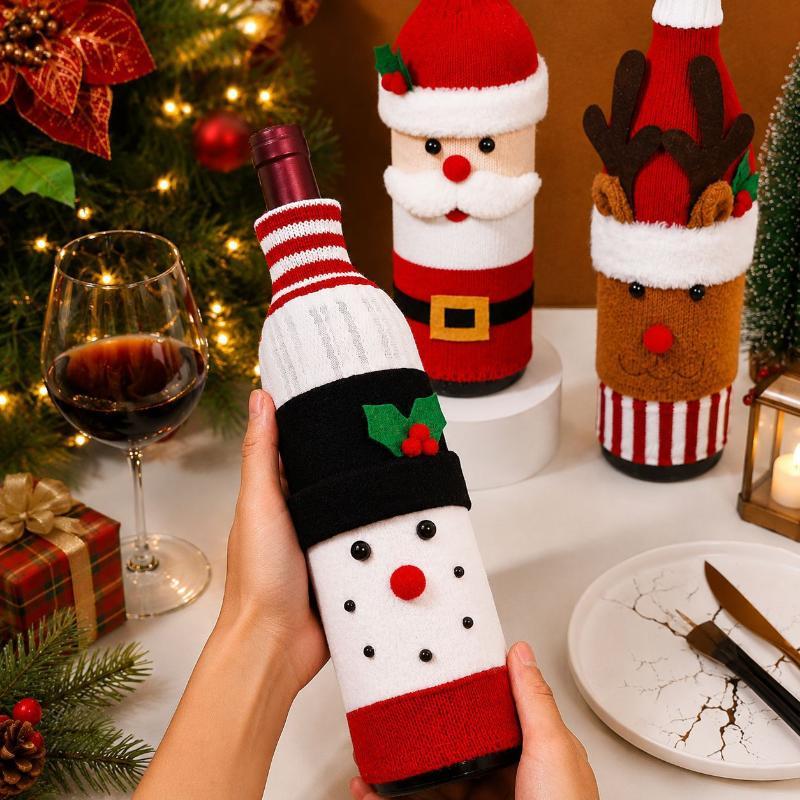 Christmas Wine Bottle Cover Santa Snowman Woven Wine Bottle Bags Christmas Party Dinner Table Decorations New Year Gifts