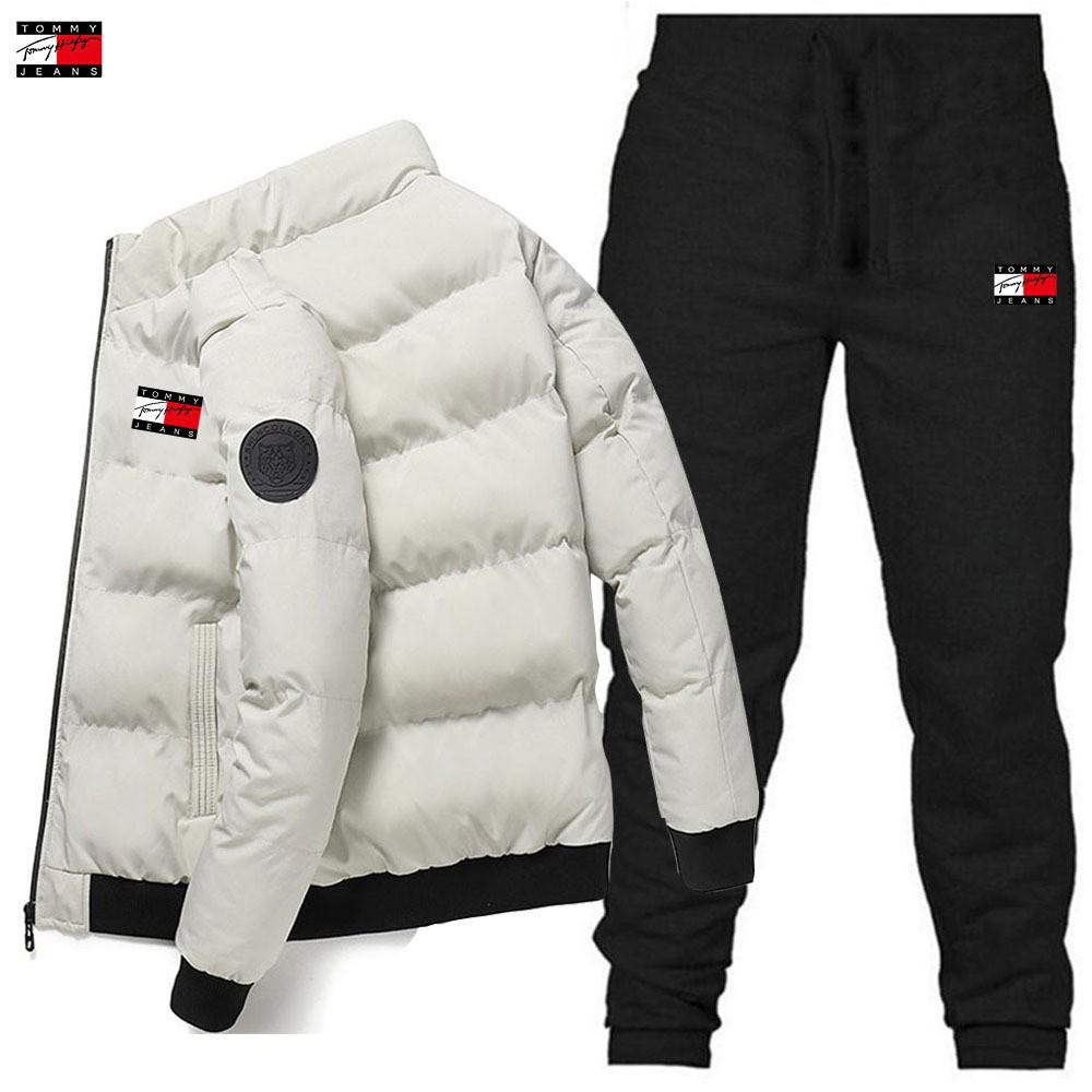 Warme Herren Winter Baumwoll-Jacke und Hose Set mit Stehkragen, bedruckt