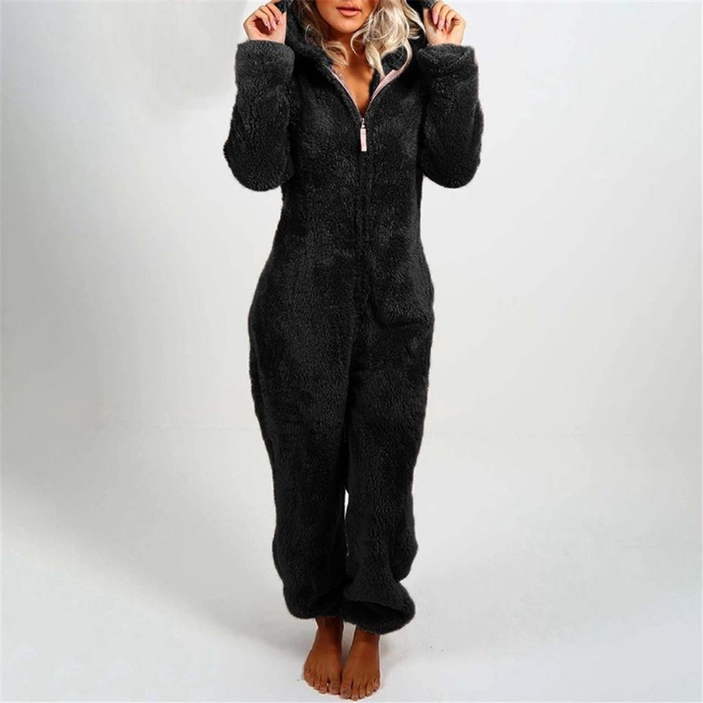 Women Long Sleeve Hooded Jumpsuit Pajamas Casual Winter Warm Rompe Sleepwear
