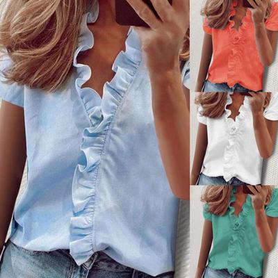 Fashion Women Summer T-Shirts Ruffles Decor V-Neck Short Sleeve Casual Women Shirts Pullovers Top Lady Streetwear 2023