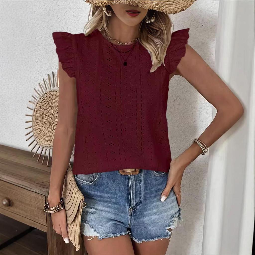 2026 Spring/Summer Round Neck Ruffle Sleeve Back Tie Solid Color Women's Top
