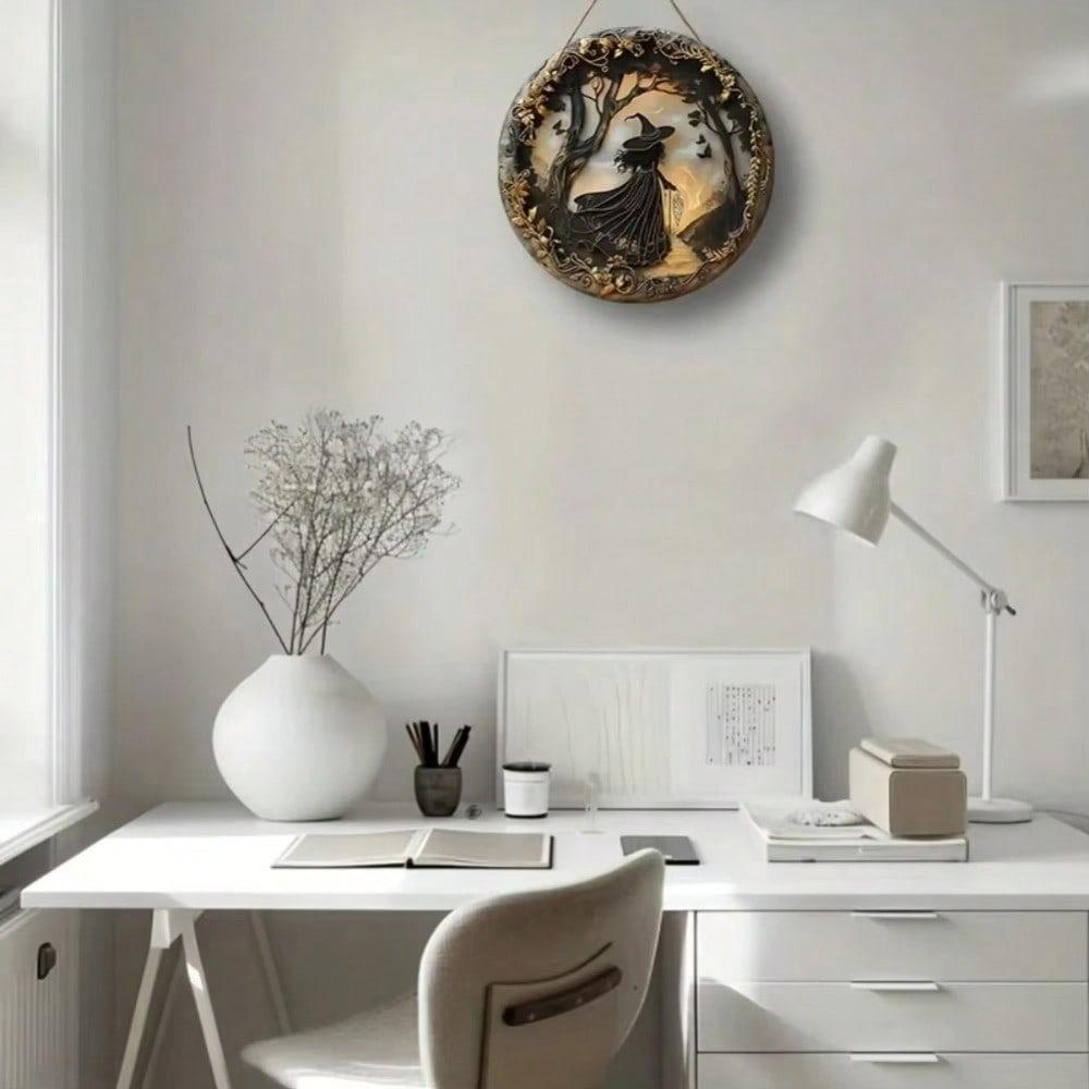 Gothic Witch Decor Round Metal Wall Art Acrylic Plaque for Home Kitchen