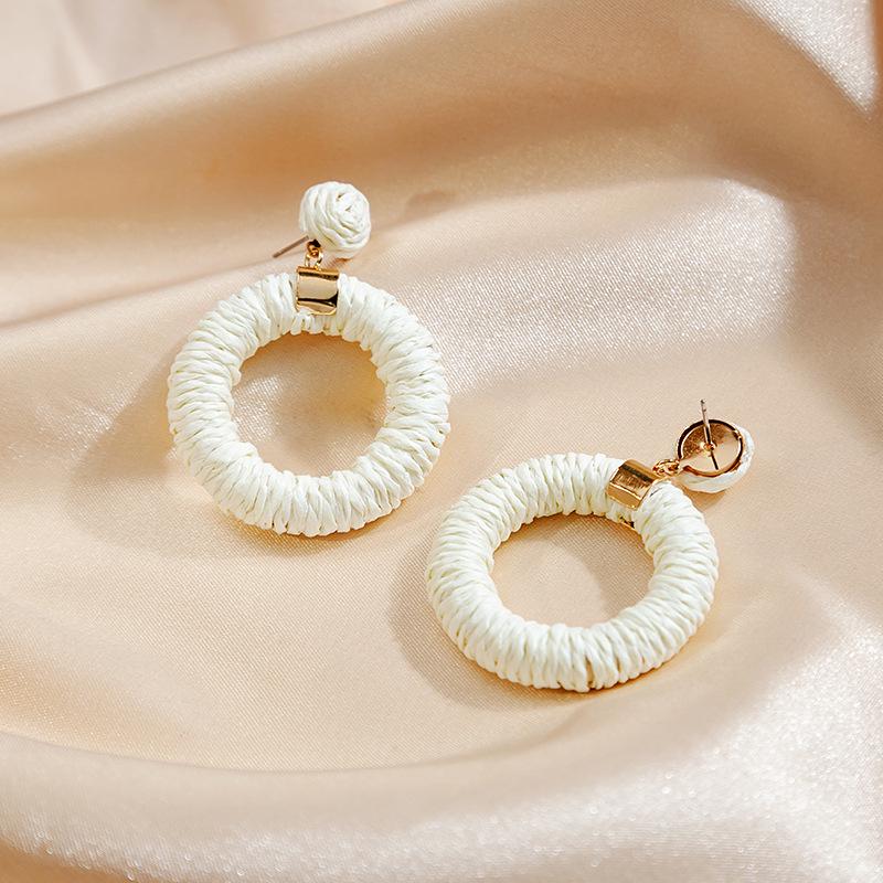 Bohemian Geometric Rattan Woven Stud Earrings: Round, Handmade, Elegant Beach Vacation Style