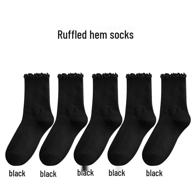 Women's Mid-Calf Ruffle Lace Socks, Coffee Color, Japanese/Korean Style, Cute Solid Color, Versatile and Girly for Spring/Fall.