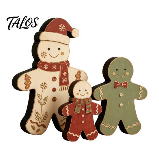 Christmas Farmhouse Mantel Accents 3Pcs/Set Wooden Ornaments, Rustic Gingerbread Man Tree Tiered Tray Style Festive Decor, Centerpieces for