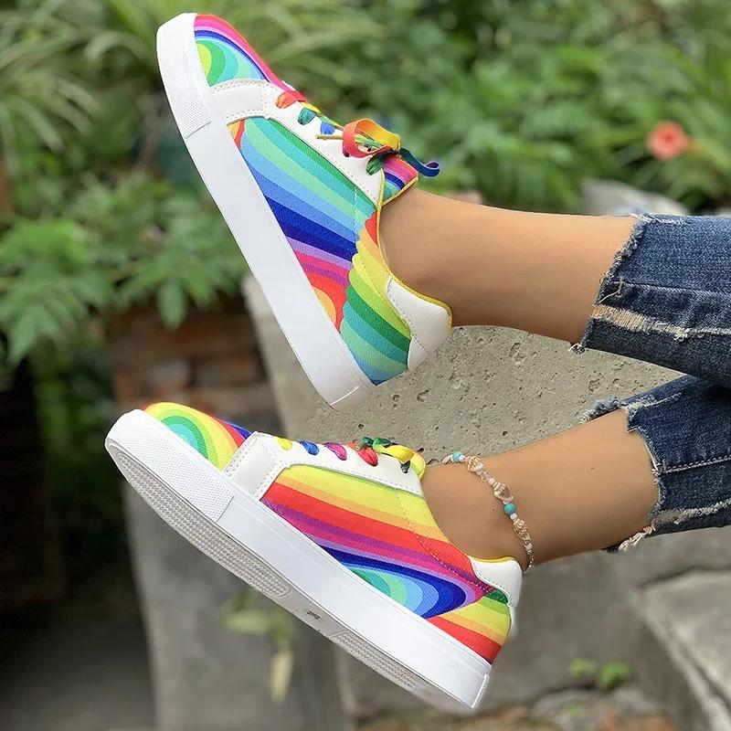 Rainbow Color Lace Up Sneakers Women Casual Non-Slip Platform Vulcanized Shoes Woman 2025 Autumn Flats Running Walking Shoes 43