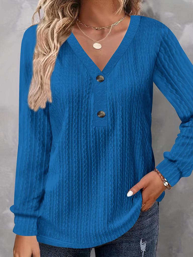 2025 Damen Einfarbig V-Ausschnitt Knopf Langarm Lässiges Mode-T-Shirt für Herbst/Winter