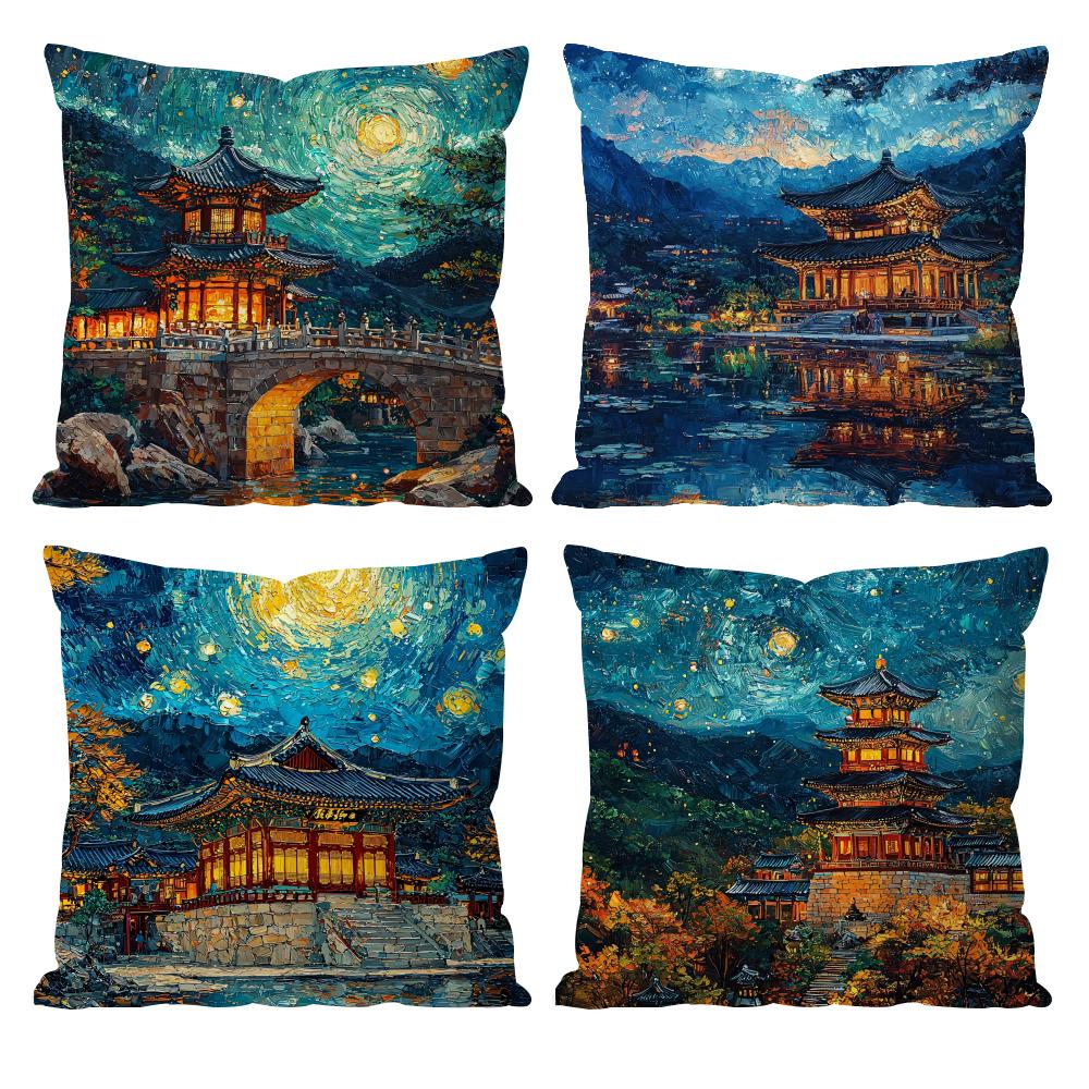 Korea Foguo Temple Cushion Cover Pattern Printed Pillowcase for Living Room Sofa Cushion Cover & Bedroom Decor