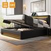 Lit rembourré 140 x 190 cm, port USB (charge sans fil et filaire), Éclairage LED, espace de rangement, sans matelas, design PU-Litchi, noir