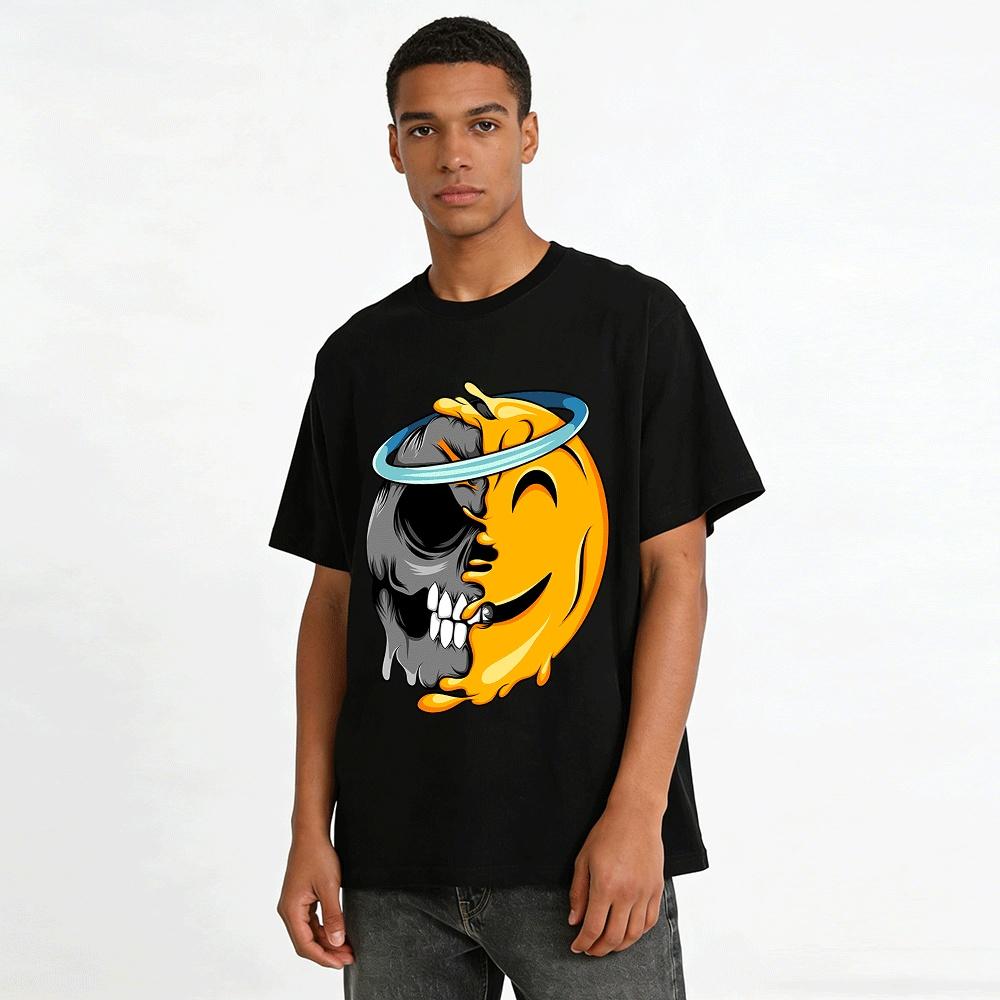 Dark Smiley Skull Print Trendy T-Shirt Unisex Streetwear Top Pure Cotton T-shirt