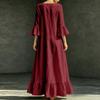 Women's Casual Color Cotton Linen V-Neck Three-Quarter Sleeve Dress with Pockets Loose Fit