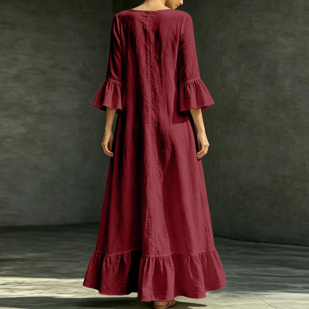 Women's Casual Color Cotton Linen V-Neck Three-Quarter Sleeve Dress with Pockets Loose Fit
