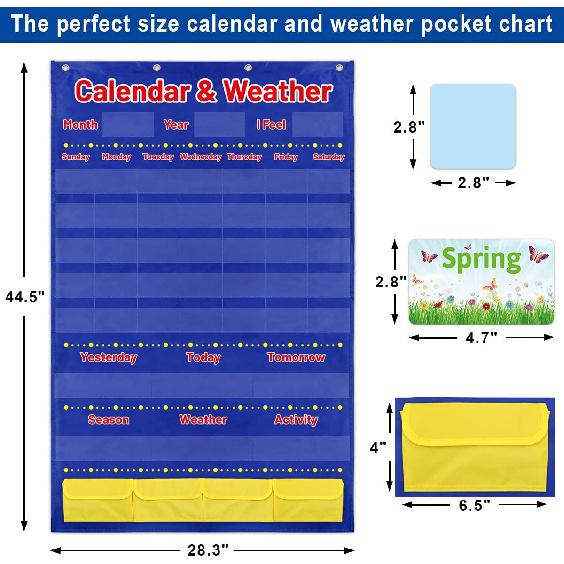 Calendar and Weather Pocket Chart for Kids with 136 Cards Classroom Calendar Pocket Chart School Homeschool Calendar Classroom Supplies Large 44.5" x