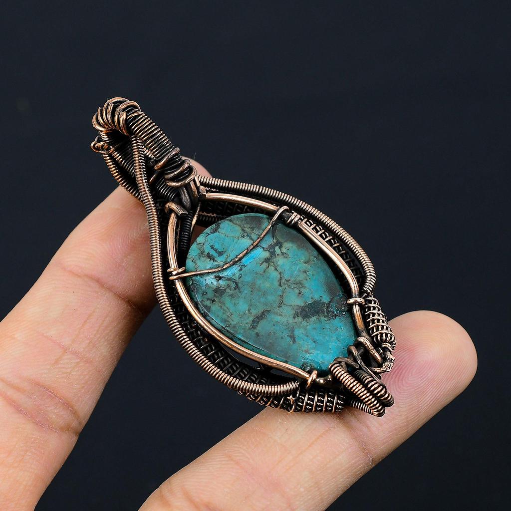 Tibetan Turquoise Gemstone Pure Copper Wire Wrapped Designer Handmade Pendant Jewelry