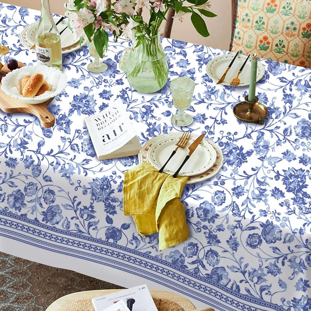 Blau-florales rustikales rechteckiges Tischdecken-Küchen-Esszimmer-Dekor Wasserdichte Tischdecke für Tisch-Feiertagsparty-Dekorationen