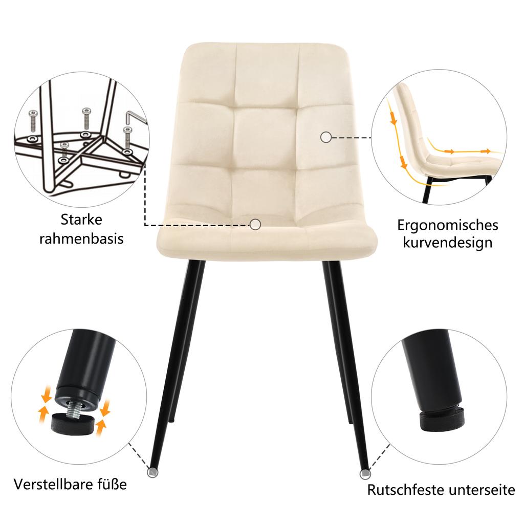 Dining Chair (4 pcs), Beige, Set of 4 Upholstered Design Chairs with Backrest, Velvet Seat, Metal Frame