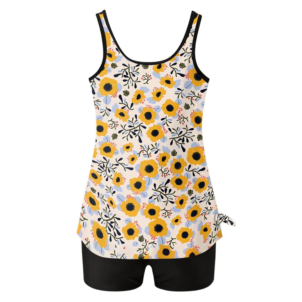 Tankini Swimsuits for Women Modest Two Piece Blouson Bathing Suit with Swim Shorts Floral Print Full Coverage Swimwear