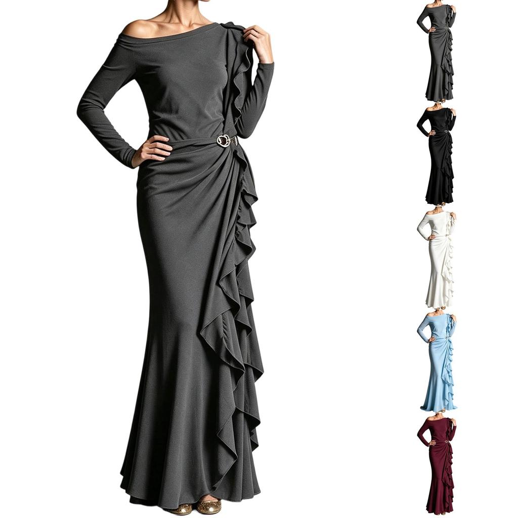 Women's One-Shoulder Ruffle Evening Dress Long Color Formal Gown with Waist-Cinching Design