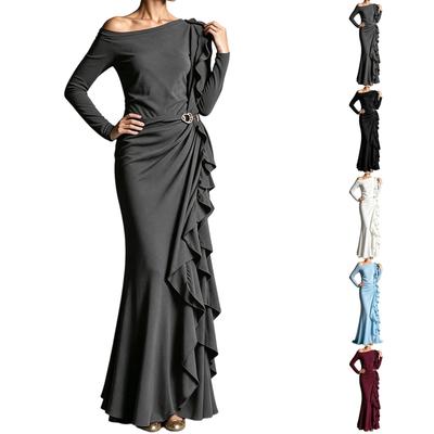Women's One-Shoulder Ruffle Evening Dress Long Color Formal Gown with Waist-Cinching Design