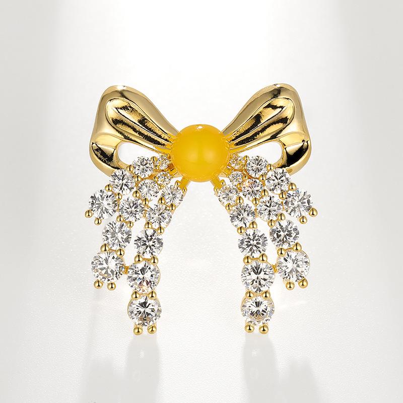 Elegant Korean-Style Bow Brooch with Copper, Zircon, and Freshwater Pearl