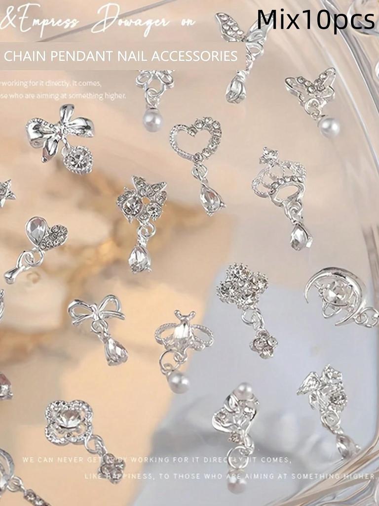 10pcs Luxury Nail Art Charms Set - 3D Alloy Butterfly, Heart, Bow & More with Rhinestones - Perfect for DIY Manicures & Pedicures