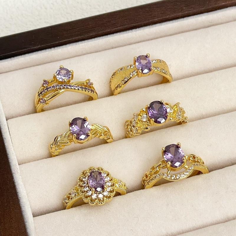 Retro Purple Diamond Colored Treasure Zircon Medieval Brushed Open Ring Gold Light Luxury High-End Niche Accessories Women