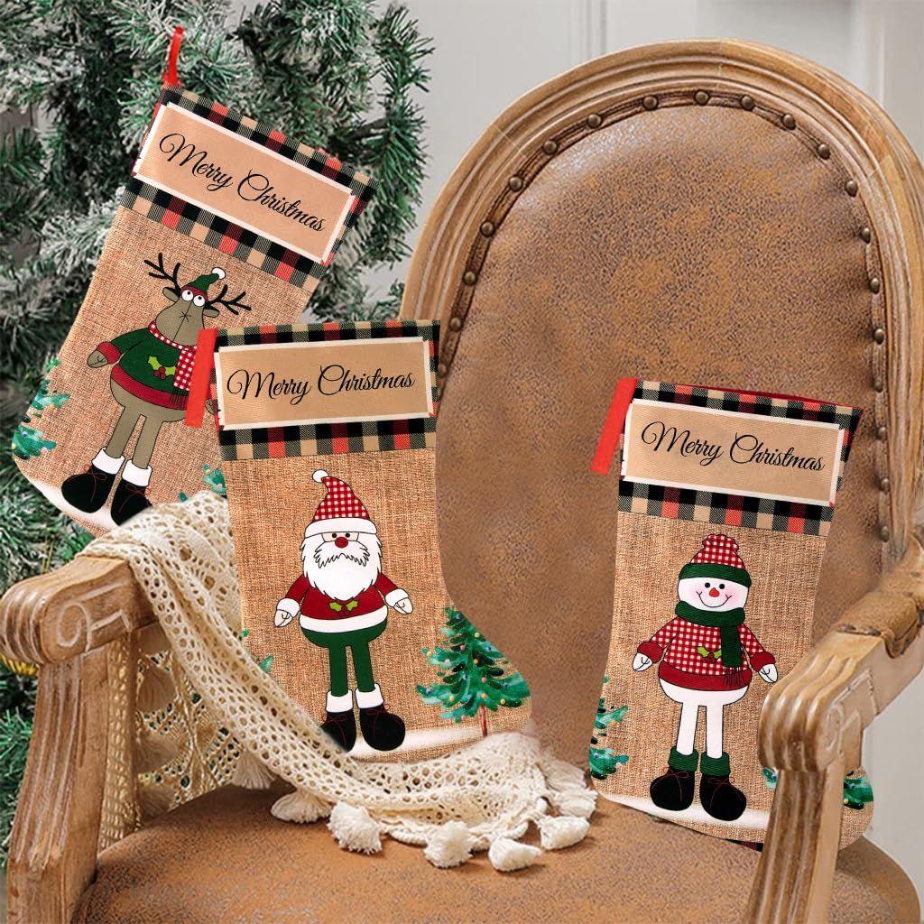 3pcs Christmas Stocking 16 Inch Linen Print Christmas Gift Stocking Hanging Christmas Stockings Gift Christmas Stocking Christmas Stocking for Window