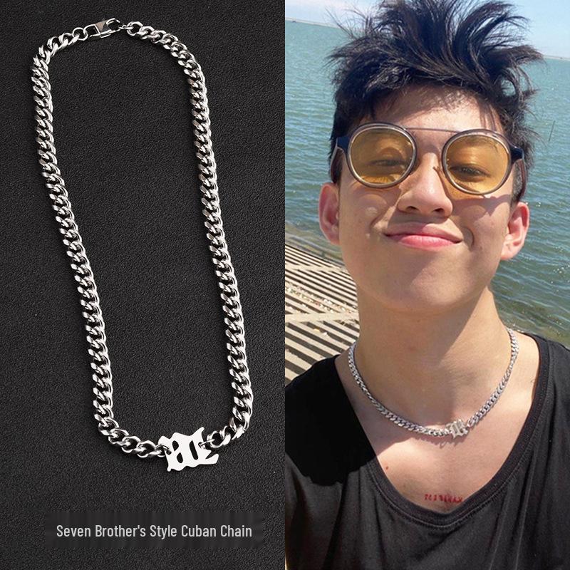 Seven Brothers Cuban-Style Hip-Hop Necklace: Trendy Stainless Steel Unisex Letter Chunky Clavicle Chain
