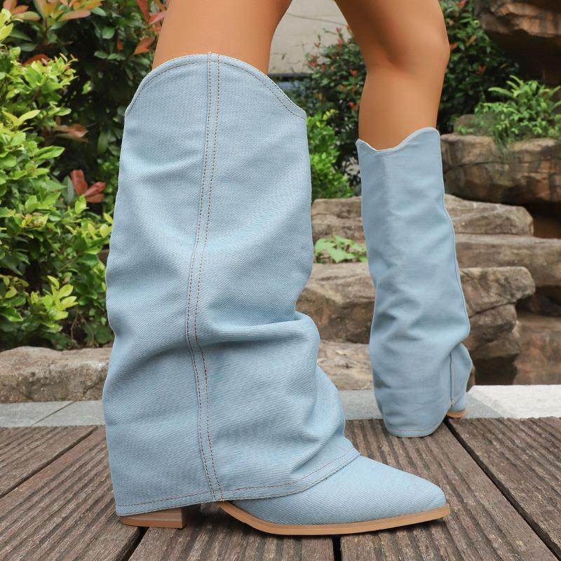 New Trouser Heel Boots Women Pointed Toe Block Heel Vintage Versatile No Knee Western Denim Tall Knight Boots