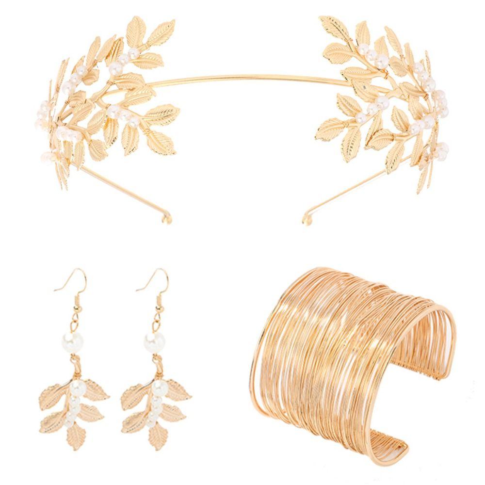 Pente de Cabelo Dourado Folhas Douradas para Noiva Pulseira de Braço Coroa de Folhas de Louro Conjunto de Joias de Deusa Festa Temática
