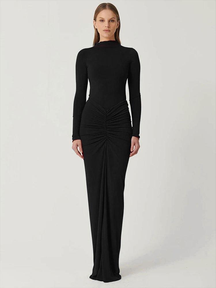 AC610 European & American Style Sexy Waist-Cinching Slim Solid Color Pleated Long Dress