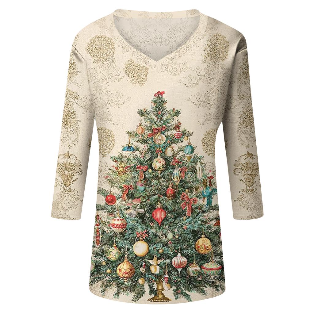 Women's Fashion Casual V Neck 3/4 Sleeve Loose  Printed T-Shirt Ladies Top