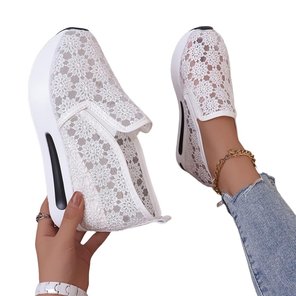 Women's Lace Mesh Platform Slip On Casual High Heel Shoes with Wedge Sole Lightweight Breathable Design Comfortable Fit