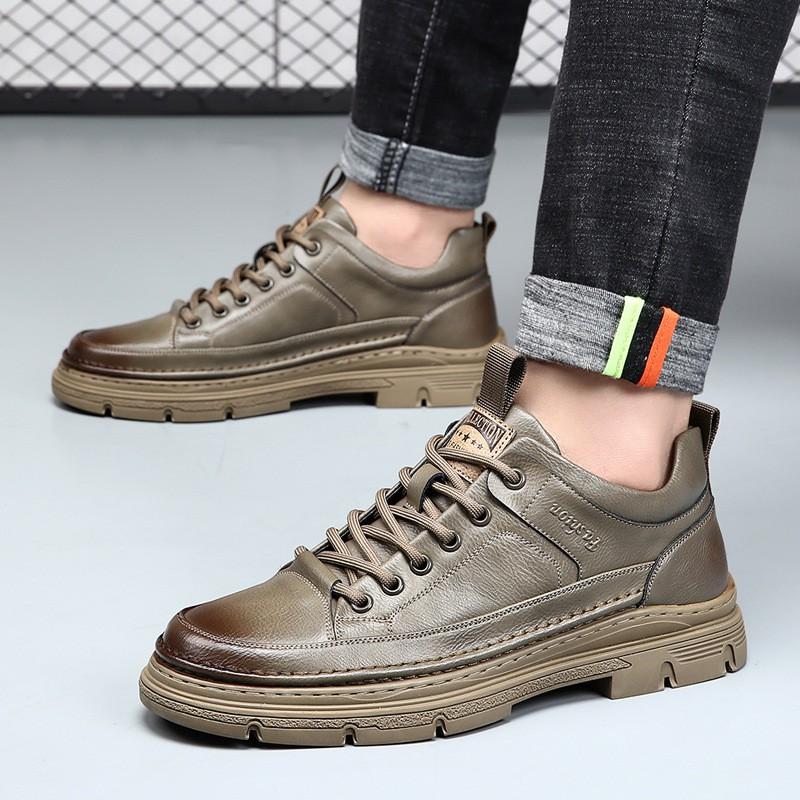 Mens Casual Leather Shoes 2026 Trendy British Style Round Toe Low Cut Soft Sole