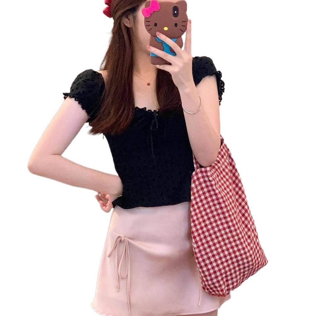 Women's Age-Reducing Pink A-Line Skirt & Black French-Style Top Summer Set - Slimming Sweet & Spicy Look
