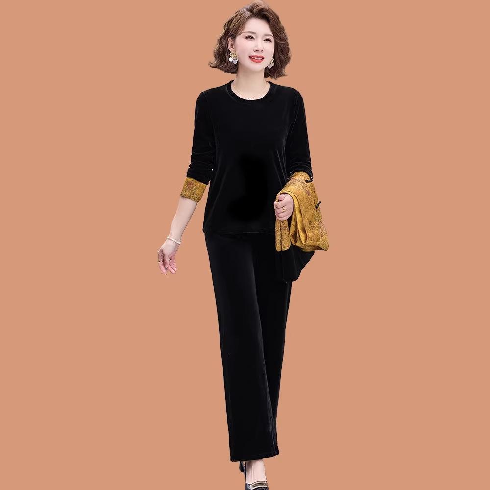 2026 New Chinese Style Gold Velvet Three-Piece Vest Suit for Middle-Aged and Elderly Women - Mom's Spring Outfit