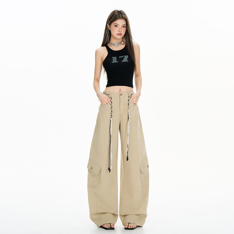 Khaki American street loose wide-leg pants for women, summer lazy style work pants, high-waisted casual curved knife sports pants