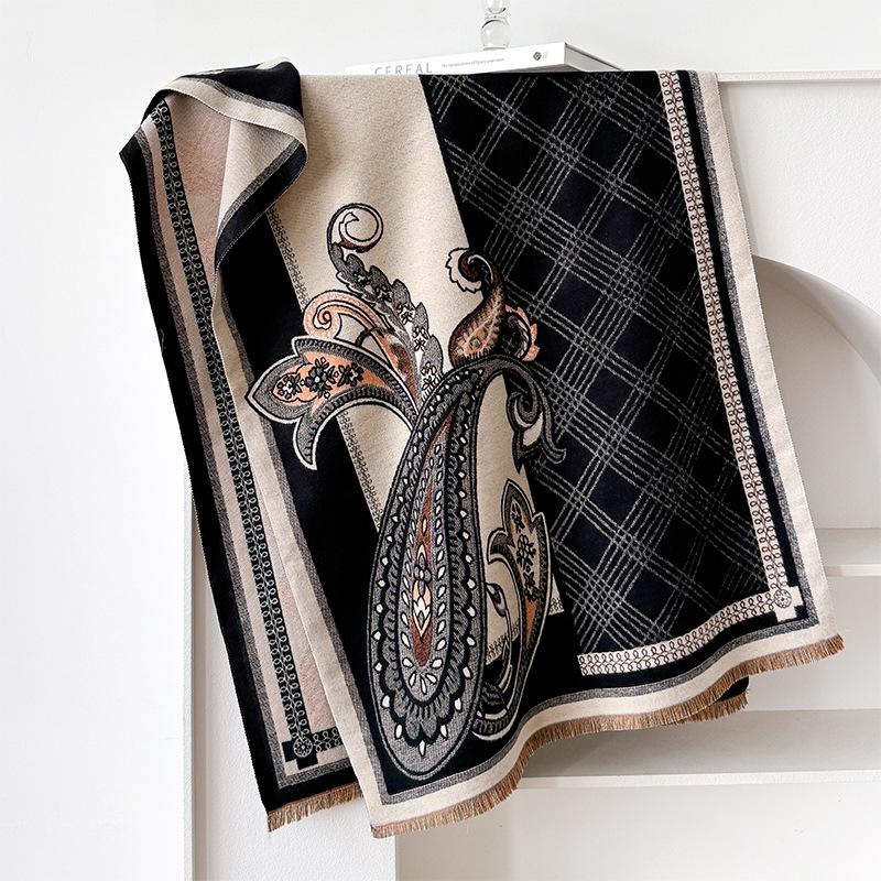 

Модный индивидуальный двусторонний шарф с принтом цветов кешью для женщин, зимний комфорт, высокого класса 185cm чёрный