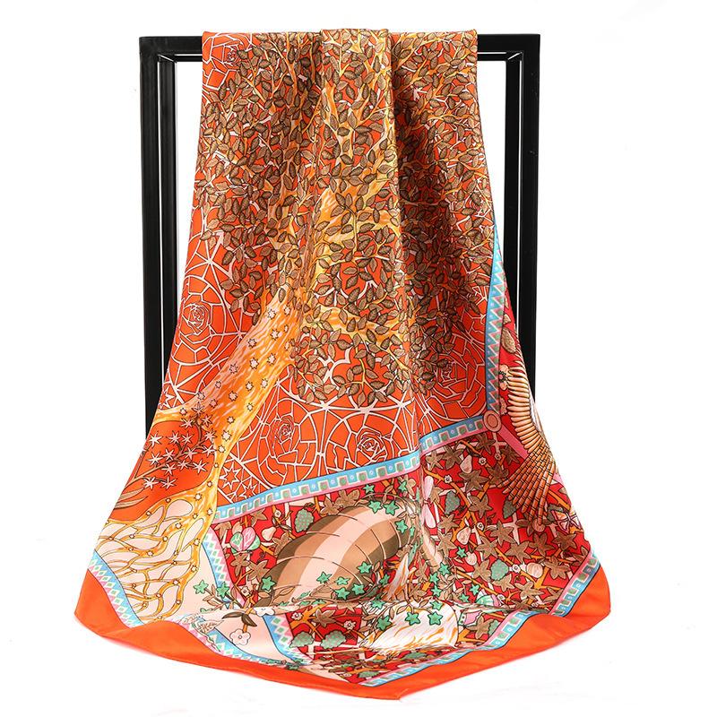 90*90Cm Women Elegant Floral Printed Square Imitation Silk Scarf Hijab Women Luxury Sunscreen And Dustproof Kerchief Head Scarf