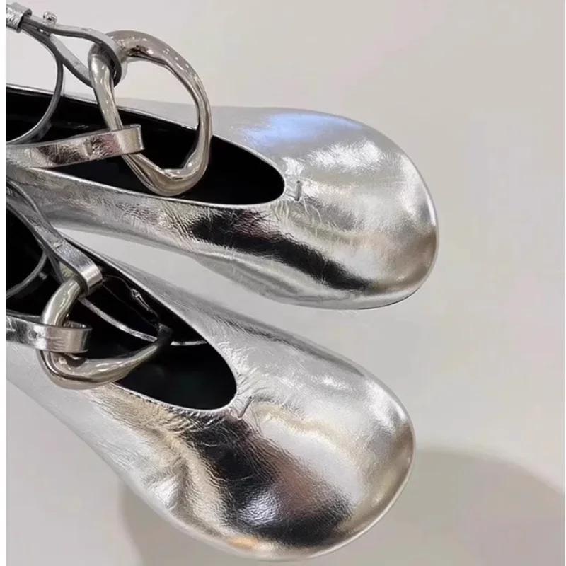 Fashion Luxury Gold Buckle Leather Ballet Flats Woman Elegant Brand Design Ankle Strap Ballerina Shoes Ladies Height Inside Punk Zapatos