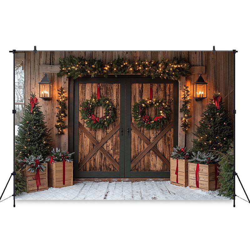 Mocsicka Christmas Wood Door Background Photography Room Wreath Tree Wall Backdrop Shooting Props Party Decoration Studio Banner