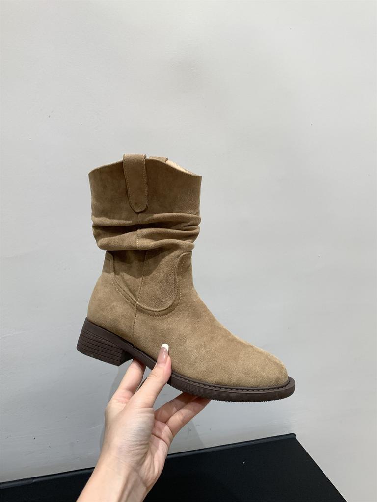 Thick-soled V-mouth Thin Medium Boots Women's Shoes Spring and Autumn Single Boots Western Cowboy Pile Short Boots Martin Boots