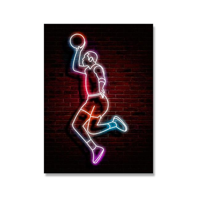 Neon Light Art Canvas Painting Abstract Fancy Basketball Sport Posture Poster Street Wall Art for Kids Boys Room Home Decoration