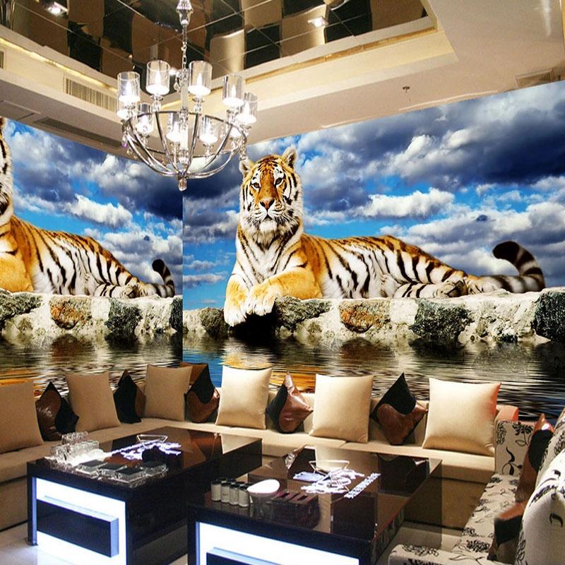 Mural Wallpaper 3D Stereo Tiger Blue Sky And White Clouds Wall Murals Living Room Bedroom Cartoon Wall Papers
