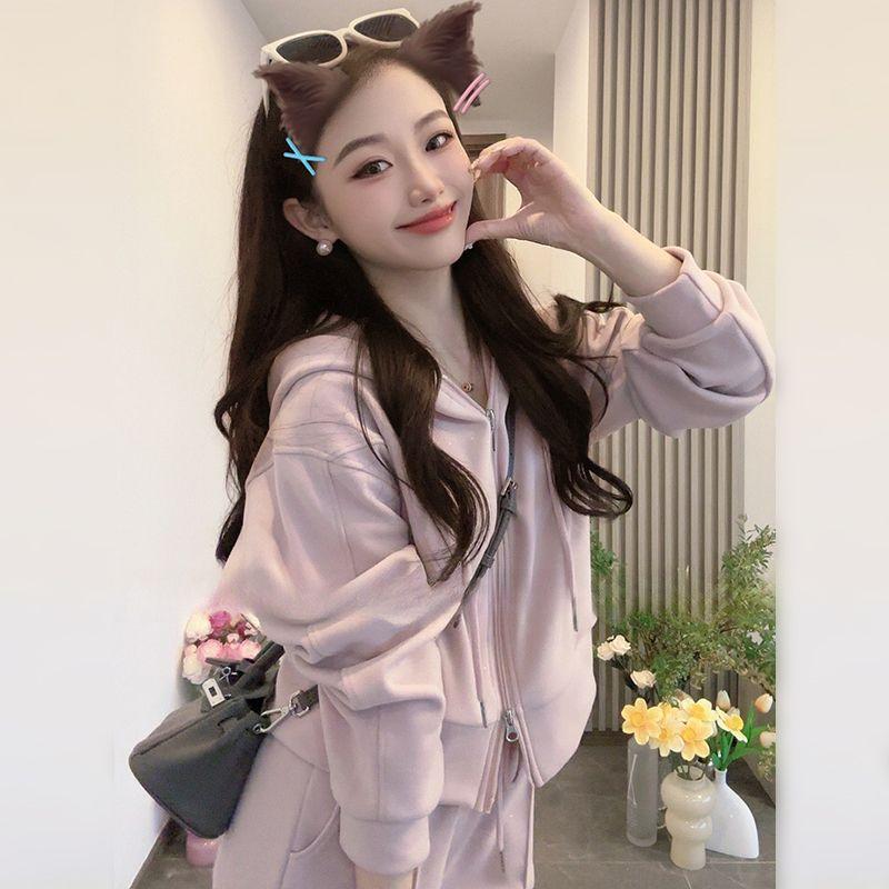 

Plus Size Autumn Fashion Slimming Two-Piece Set Casual Sporty Women s Sweatshirt Outfit MM 240 Pounds Comfortable Streetwear XS рожевий