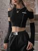 Schwarzes kurzes T-Shirt für Damen Streetstyle Hot Girl Off-Shoulder Rundhals-Top Slim Fit Y2k Kleidung Frühling Sommer