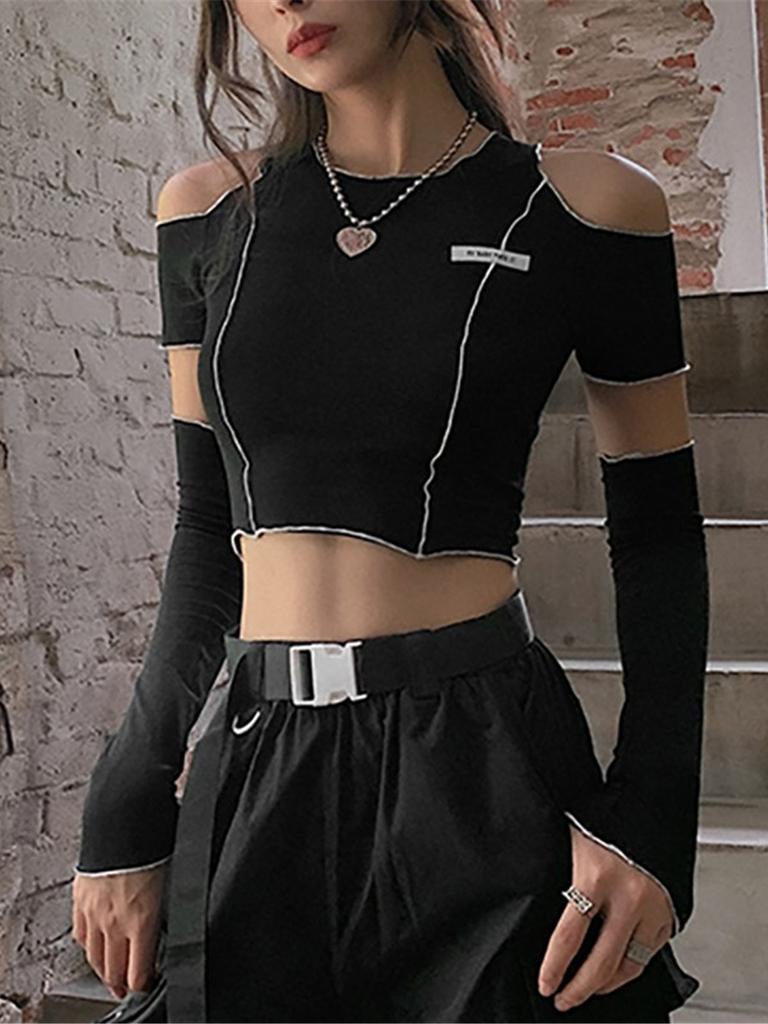Schwarzes kurzes T-Shirt für Damen Streetstyle Hot Girl Off-Shoulder Rundhals-Top Slim Fit Y2k Kleidung Frühling Sommer