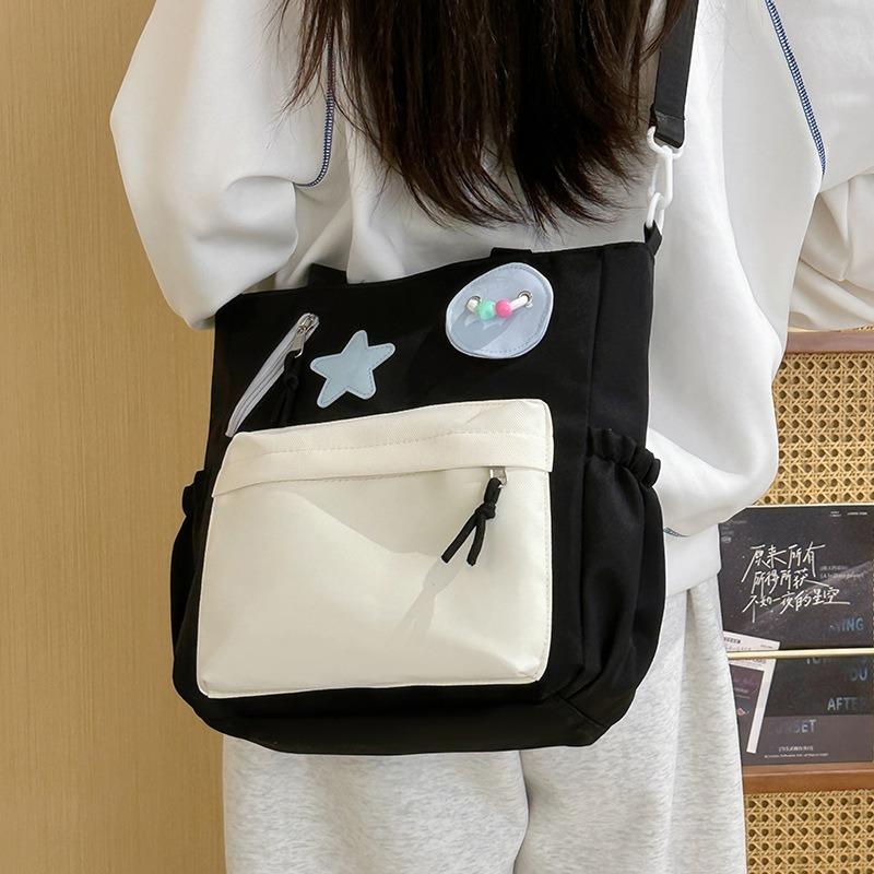 College Style Contrasting Colors Commuter Shoulder Bag Large-capacity Portable Tote Bag Cute Little Fresh Student Class Tutoring Bag